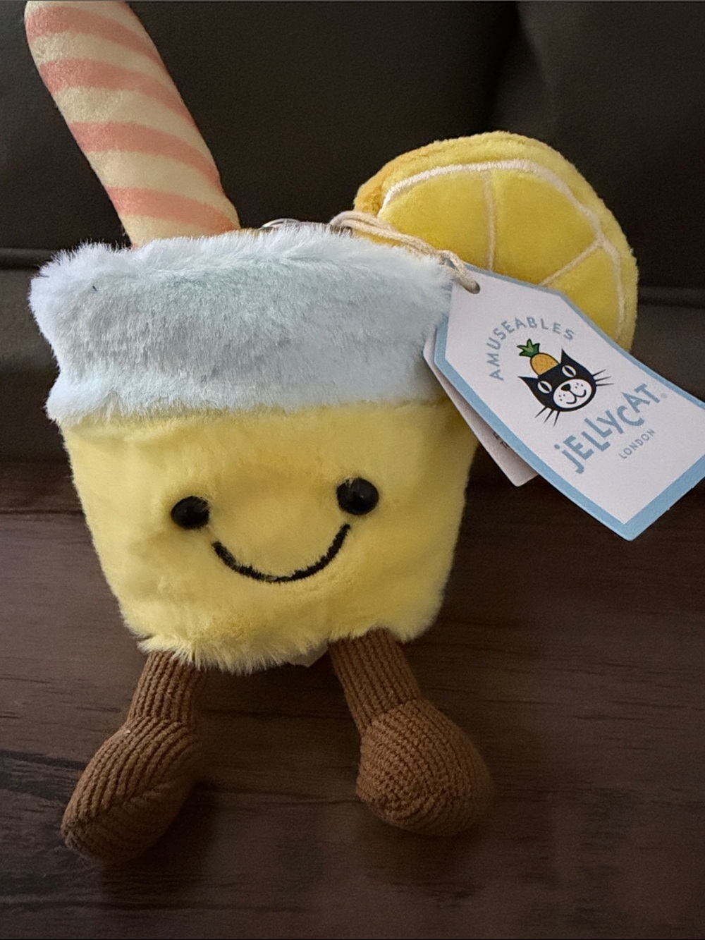Jellycat Yellow Lemonade Slice Plush Cup with Pink-Striped Straw